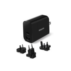 Philips DLP2621T.GRS Γρήγορος επιτοίχιος φορτιστής ταξιδιού με αντάπτορες και θύρες 1C 1A 30W